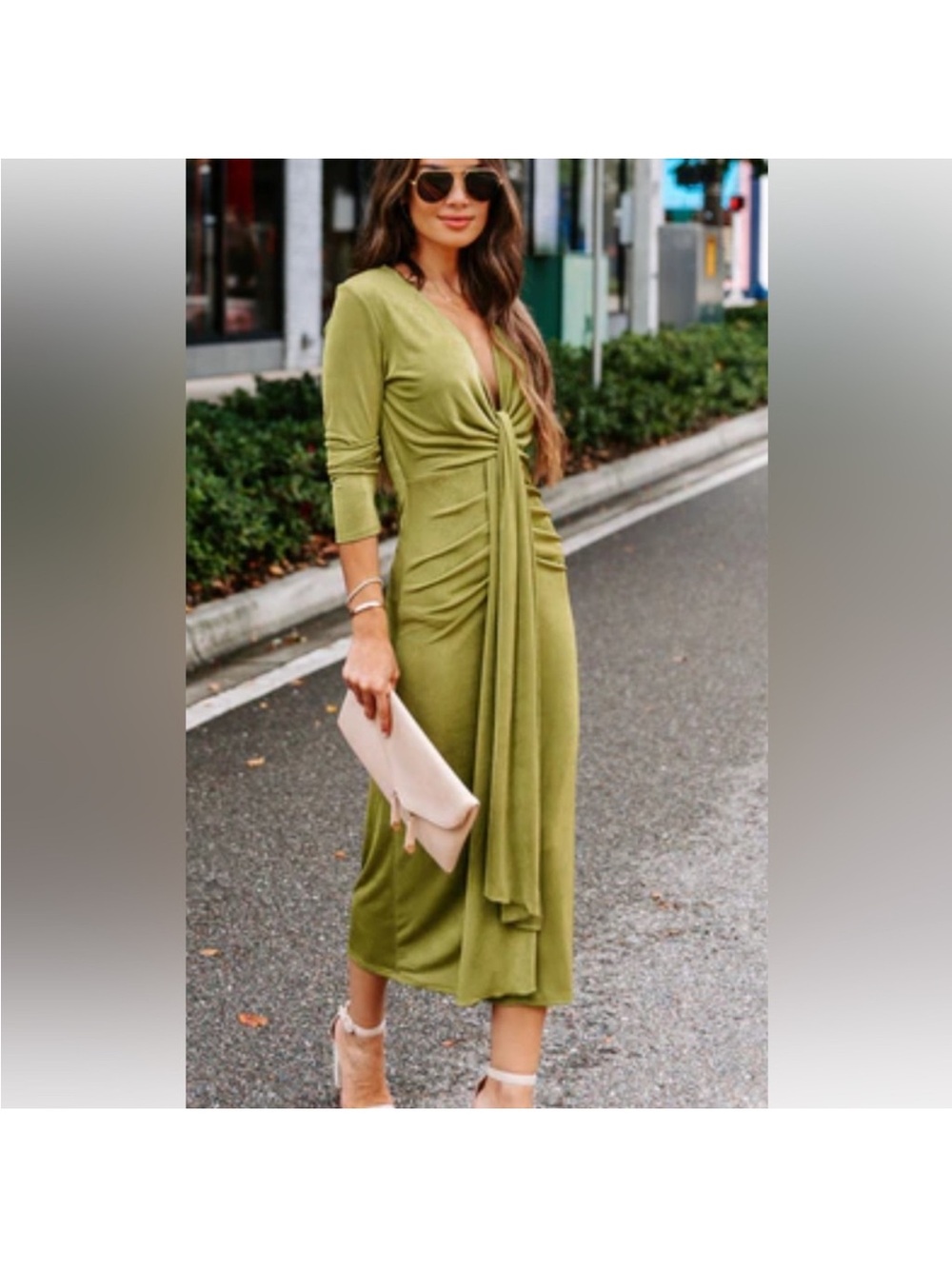 Vici Eve Plunge Drape Midi Dress - Bright Olive